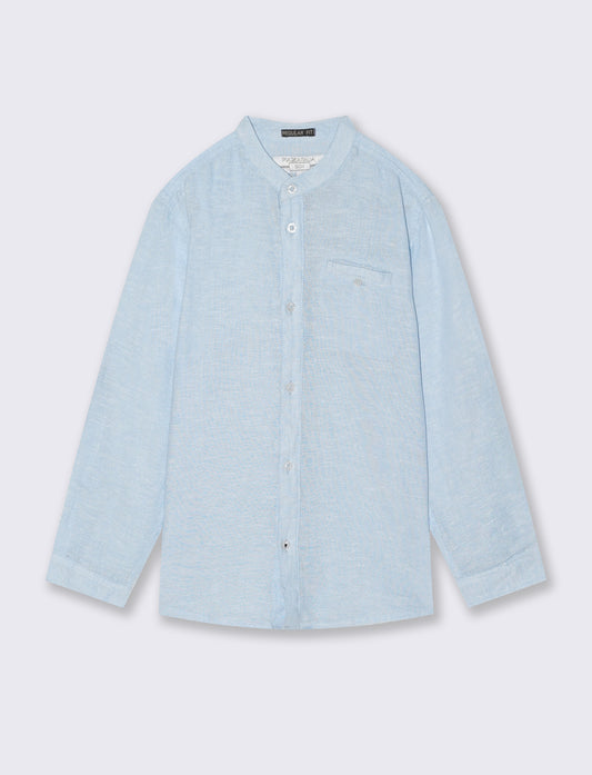Camicia coreana in cotone e lino maniche lunghe - Celeste