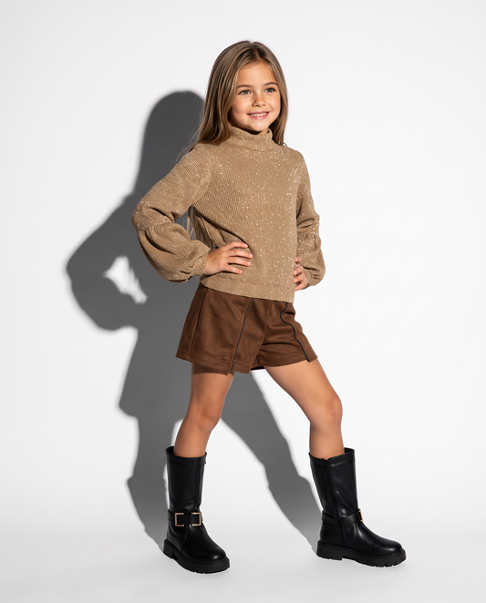 Lurex knit top with elasticated hem - Beige