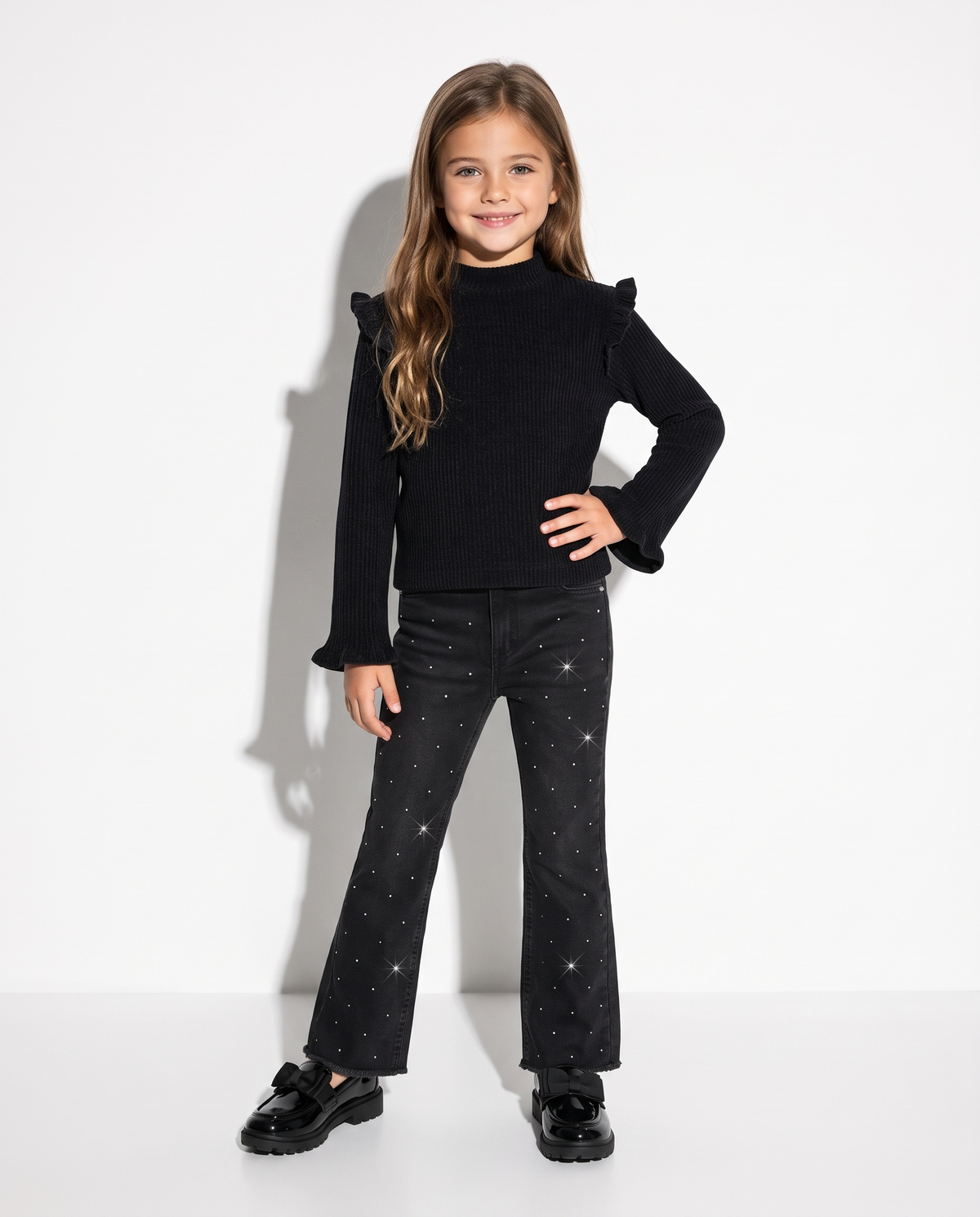 Ribbed T-shirt with ruffles - Black