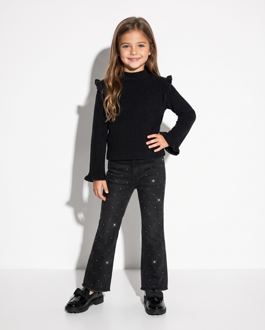 Ribbed T-shirt with ruffles - Black