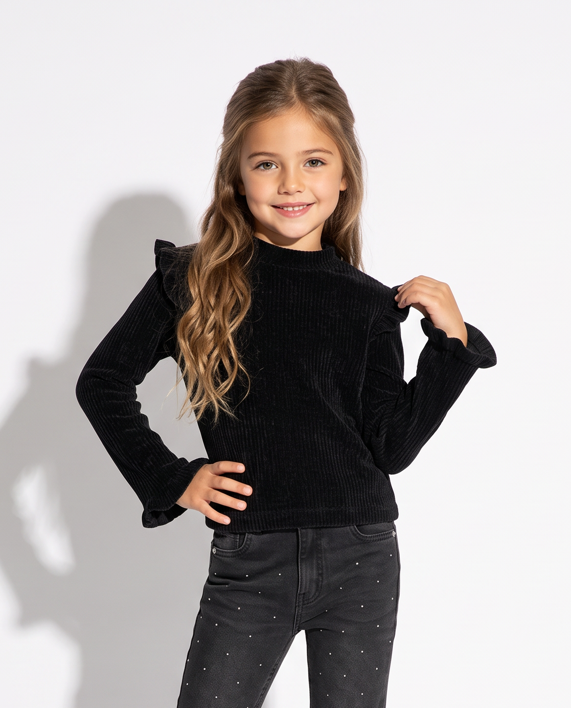 Ribbed T-shirt with ruffles - Black