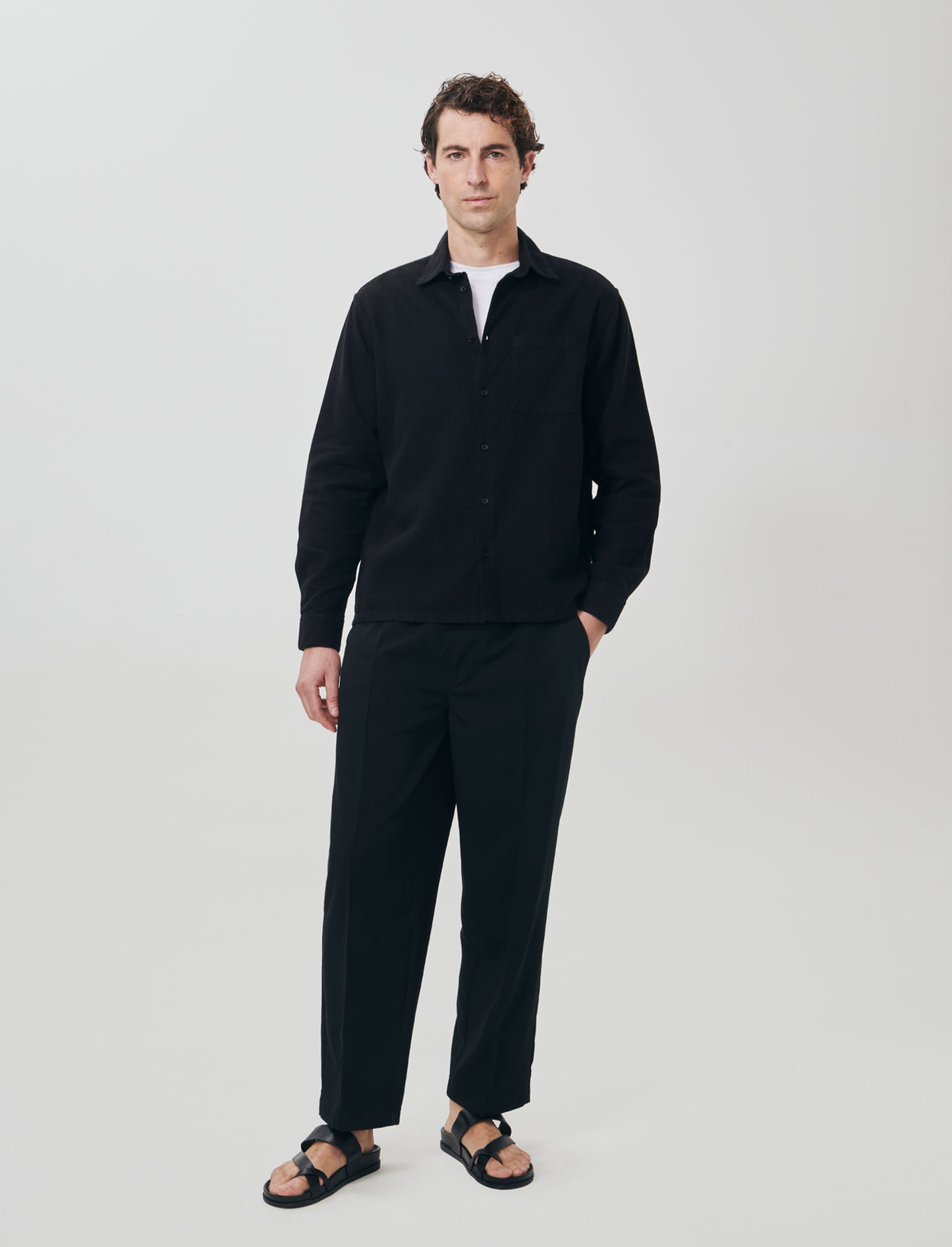 Camicia cropped in cotone waffle - Nero