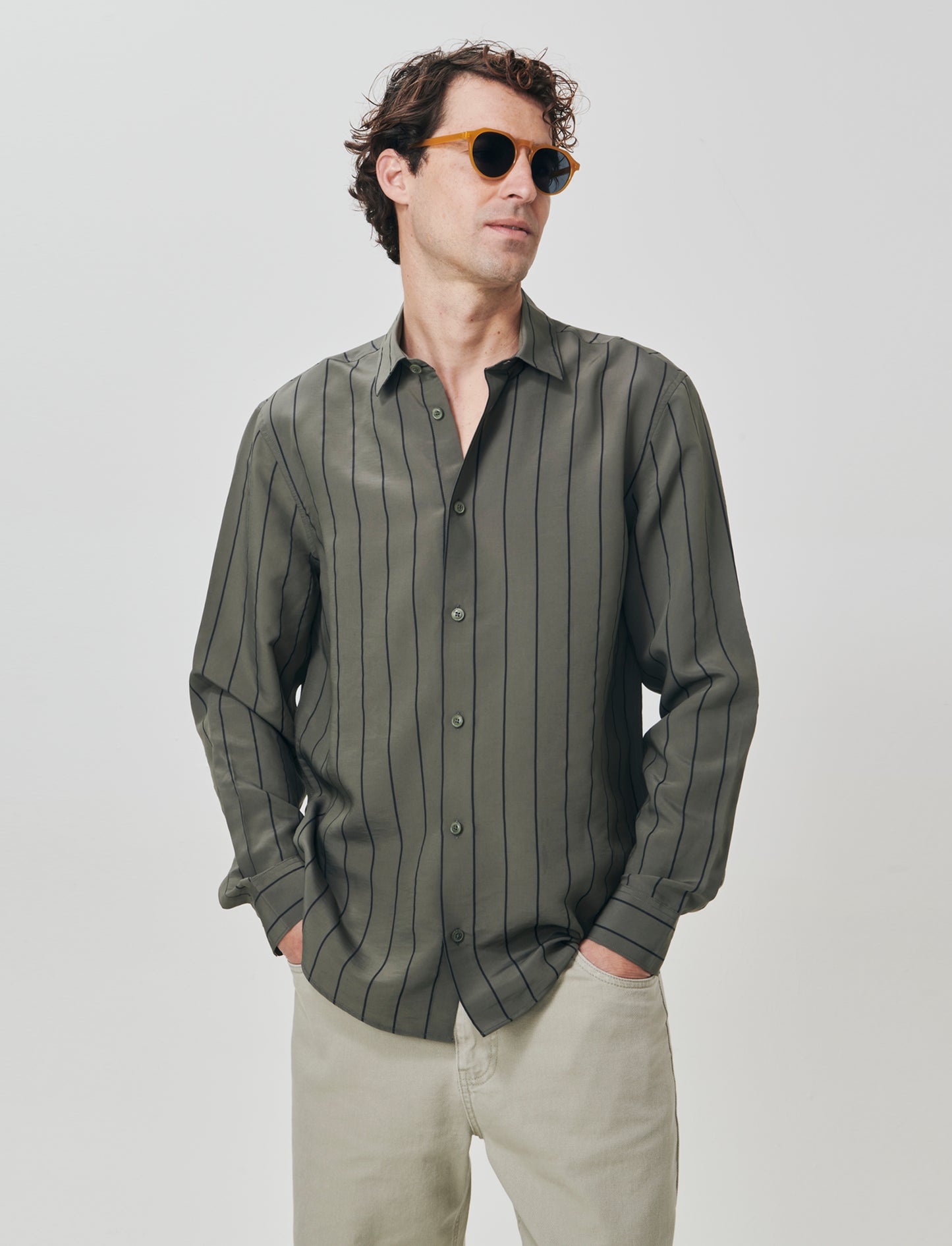Camicia a righe in tessuto premium - Verde militare