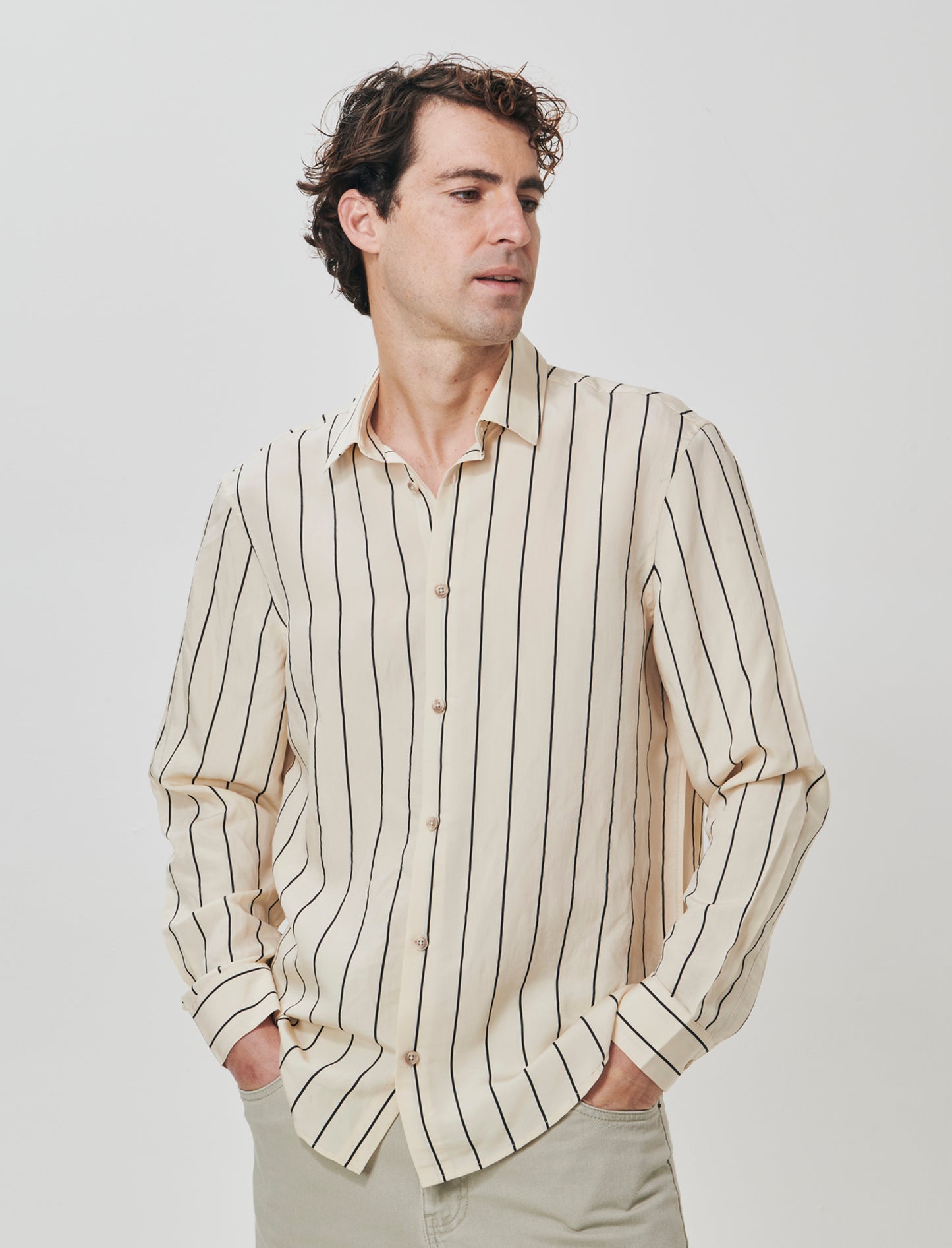 Camicia a righe in tessuto premium - Beige ecru