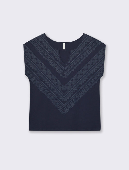T-Shirt Manica Corta con Apertura al Collo - Blu