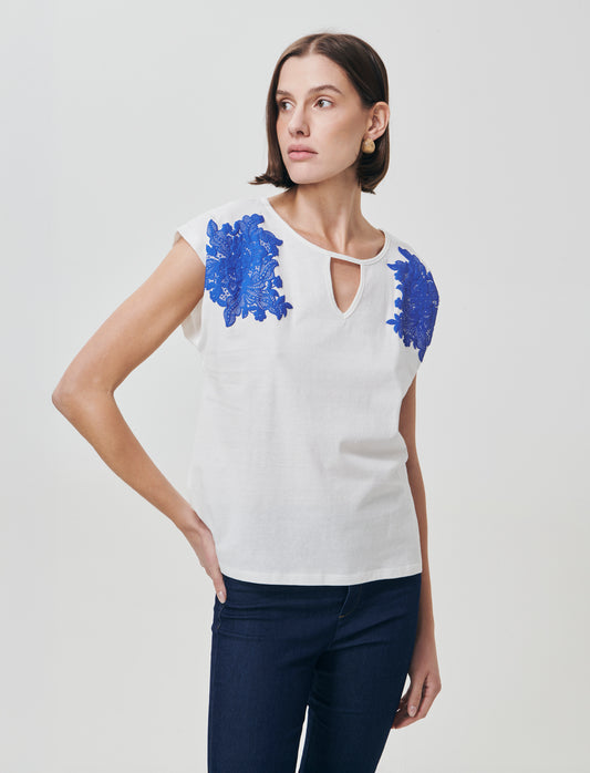 T-Shirt Manica Corta con Apertura al Collo - Bianco latte