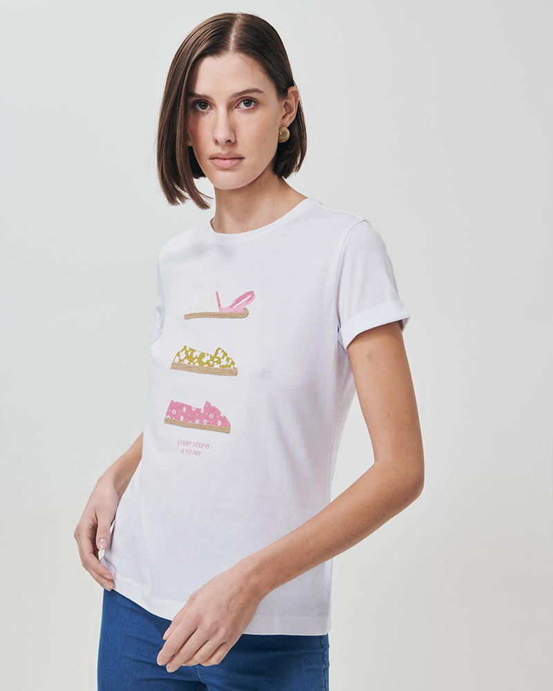 T-Shirt Manica Corta con Stampa - Bianco