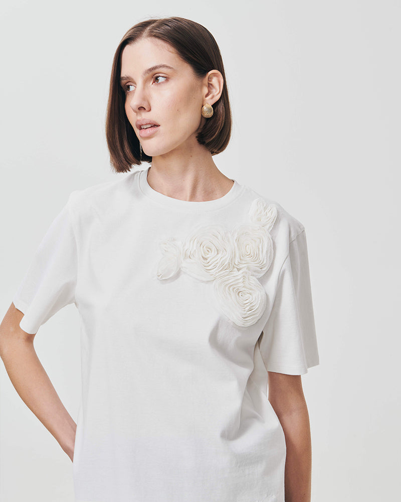 T-Shirt con Fiore Applicato - Avorio
