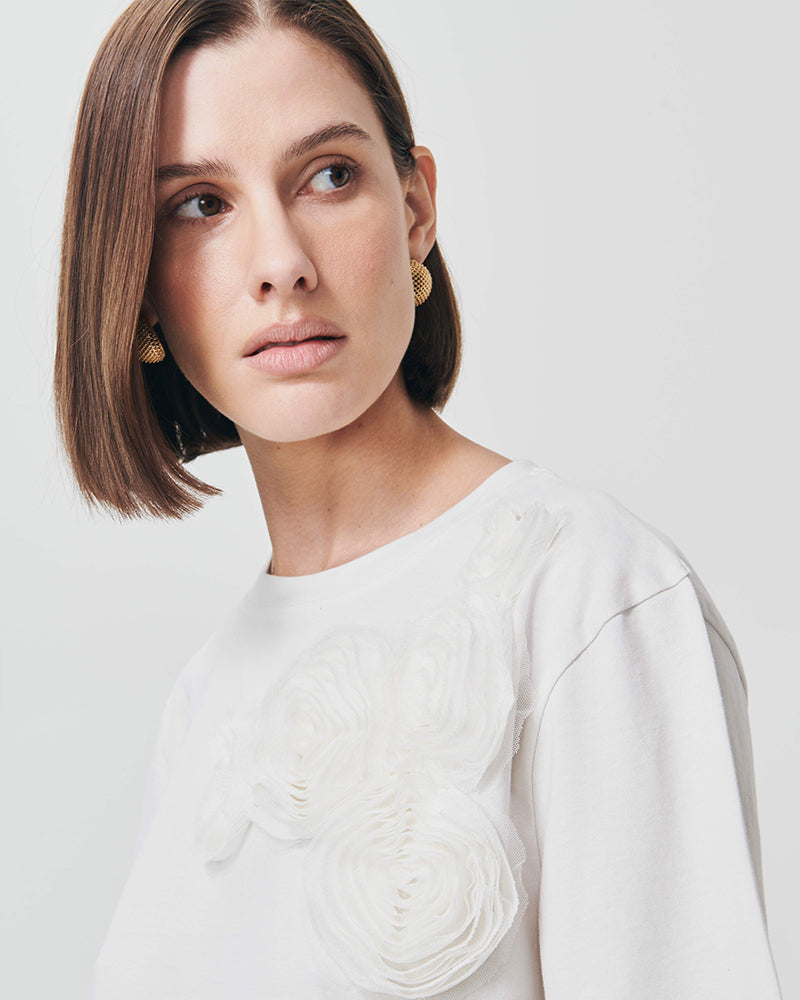 T-Shirt con Fiore Applicato - Avorio