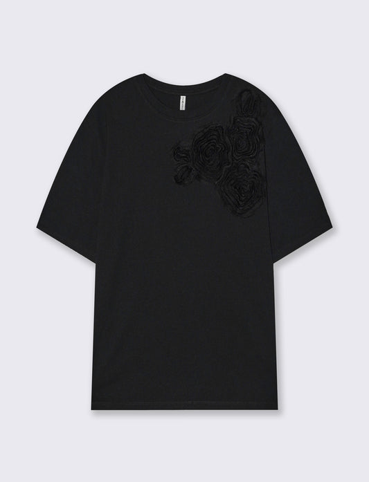 T-Shirt con Fiore Applicato - Nero