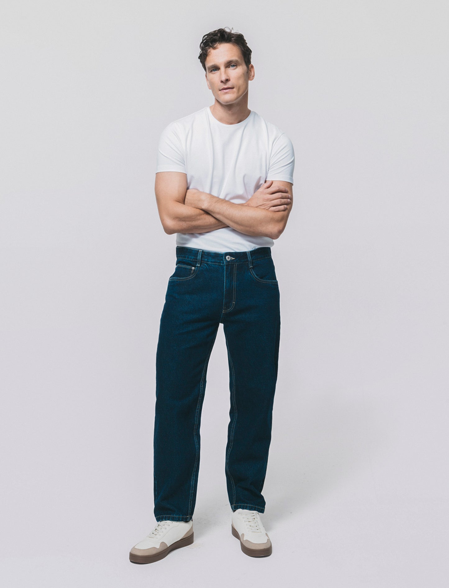 Dark blue straight fit distressed jeans - Blue