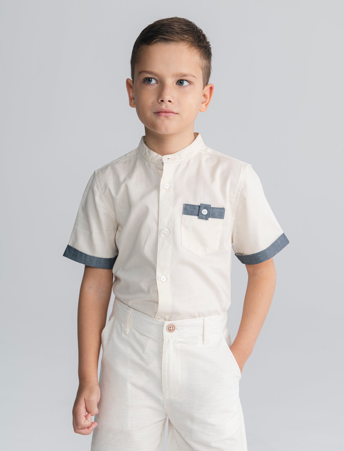 Korean half sleeve cotton shirt - Beige