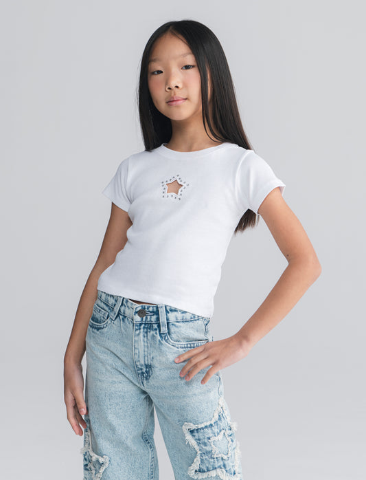 T-shirt in costina con stella e strass - Bianco