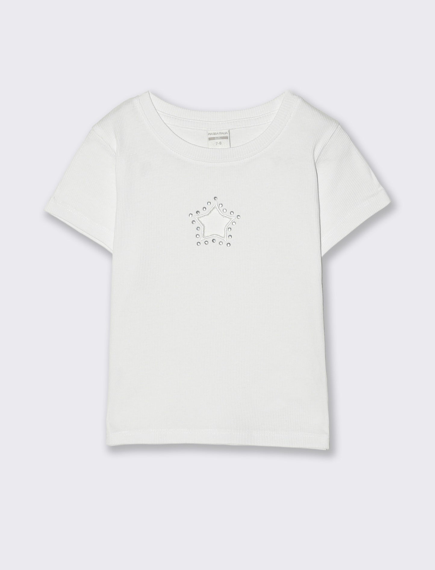 T-shirt in costina con stella e strass - Bianco