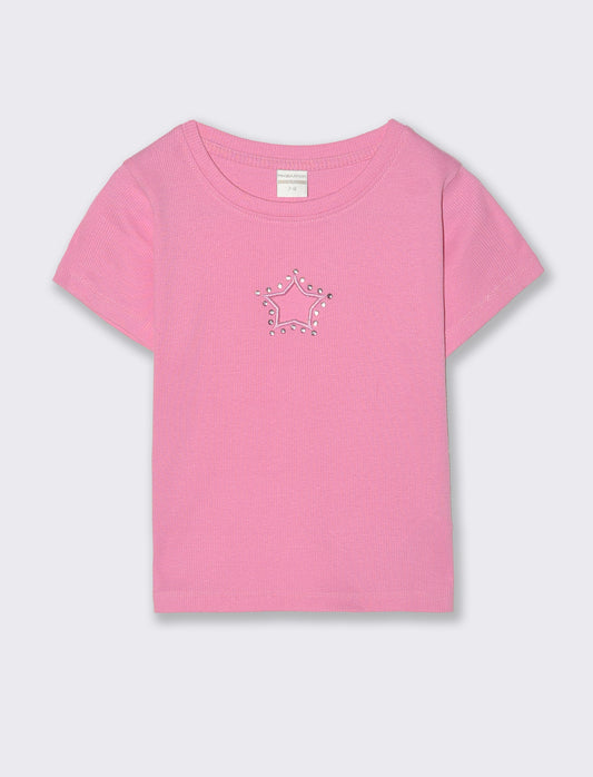 T-shirt in costina con stella e strass - Rosa candy