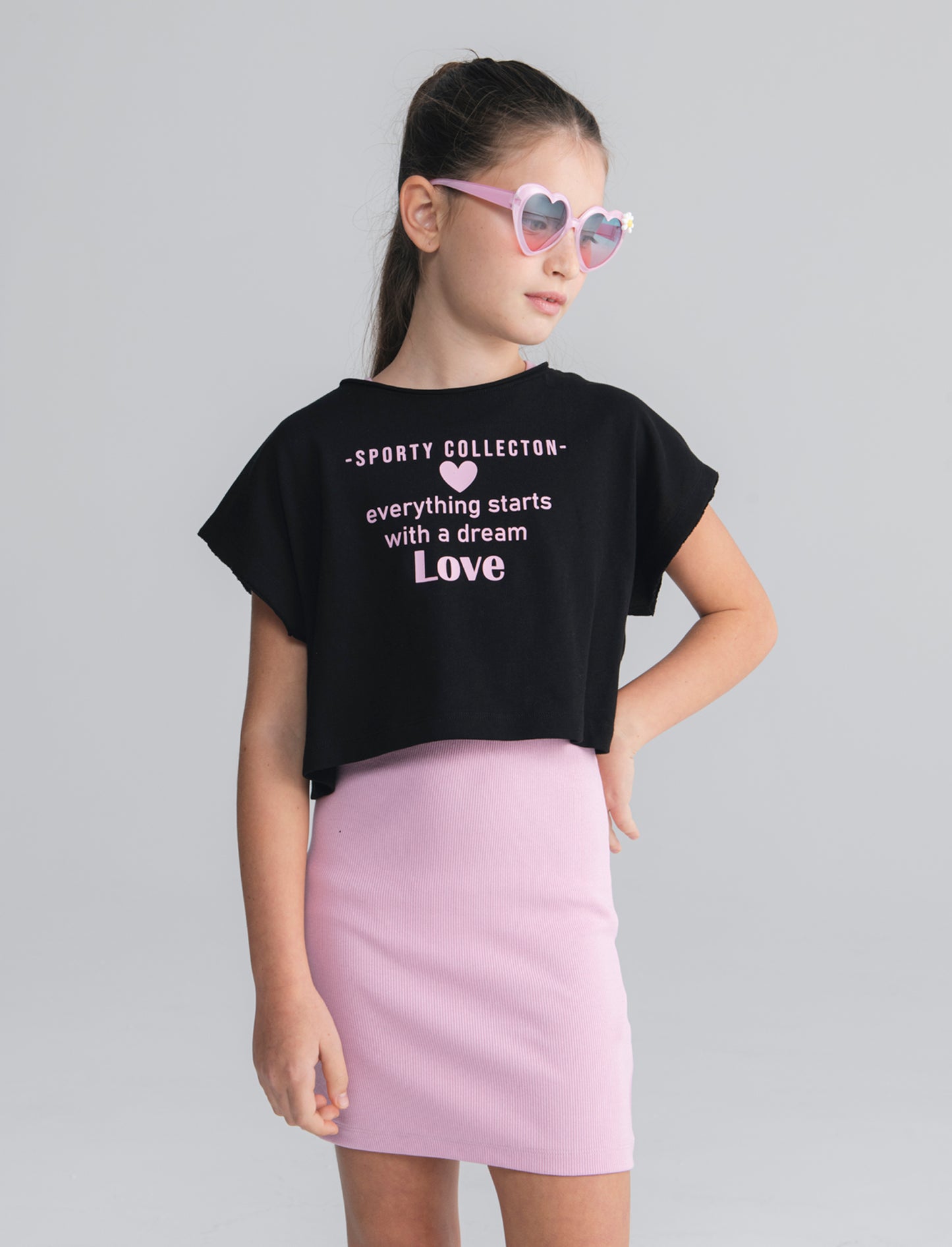 2-Piece Set: Rib Dress and Cropped T-Shirt - Pink