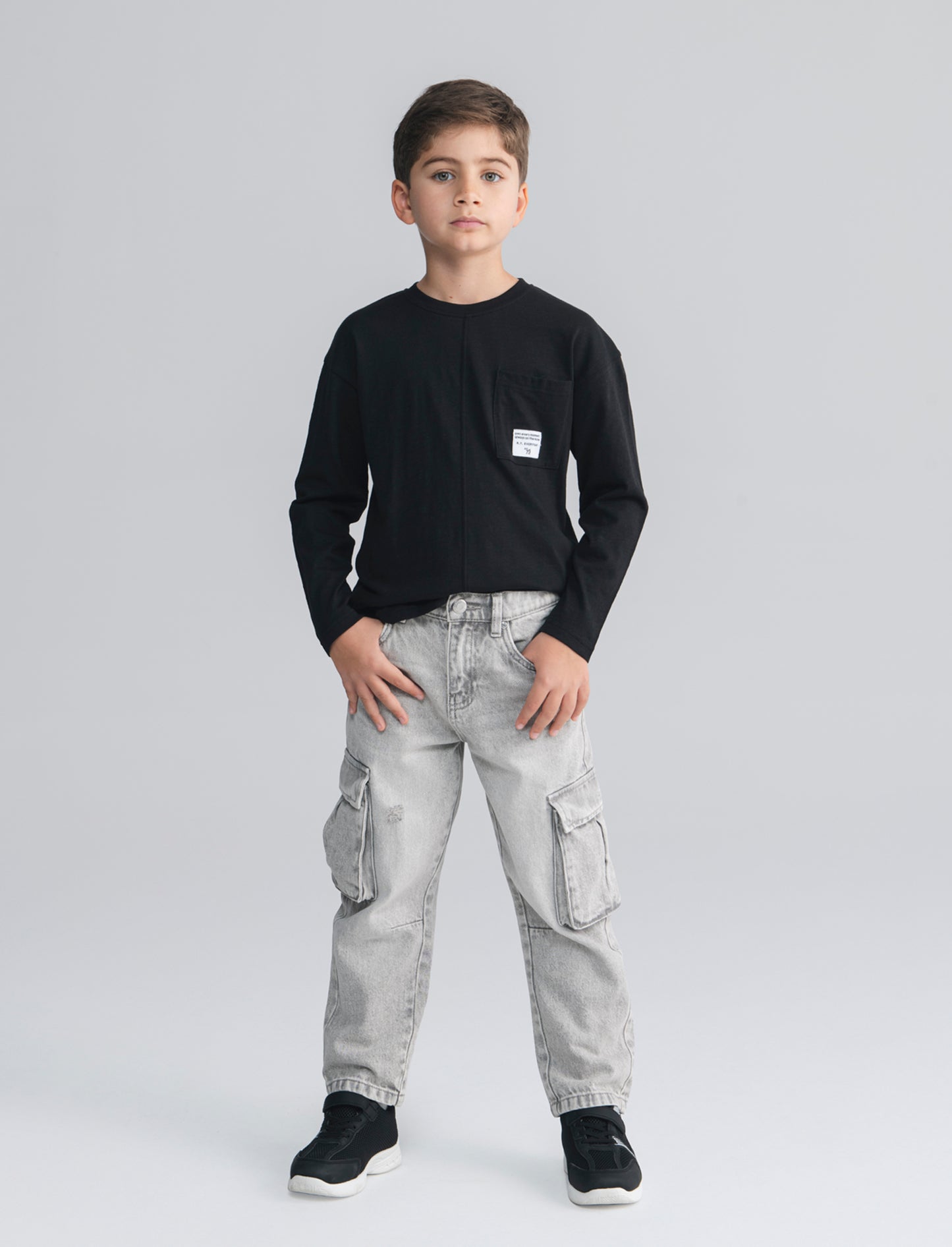 Jeans baggy in cotone con tache e vita elastica - Grigio
