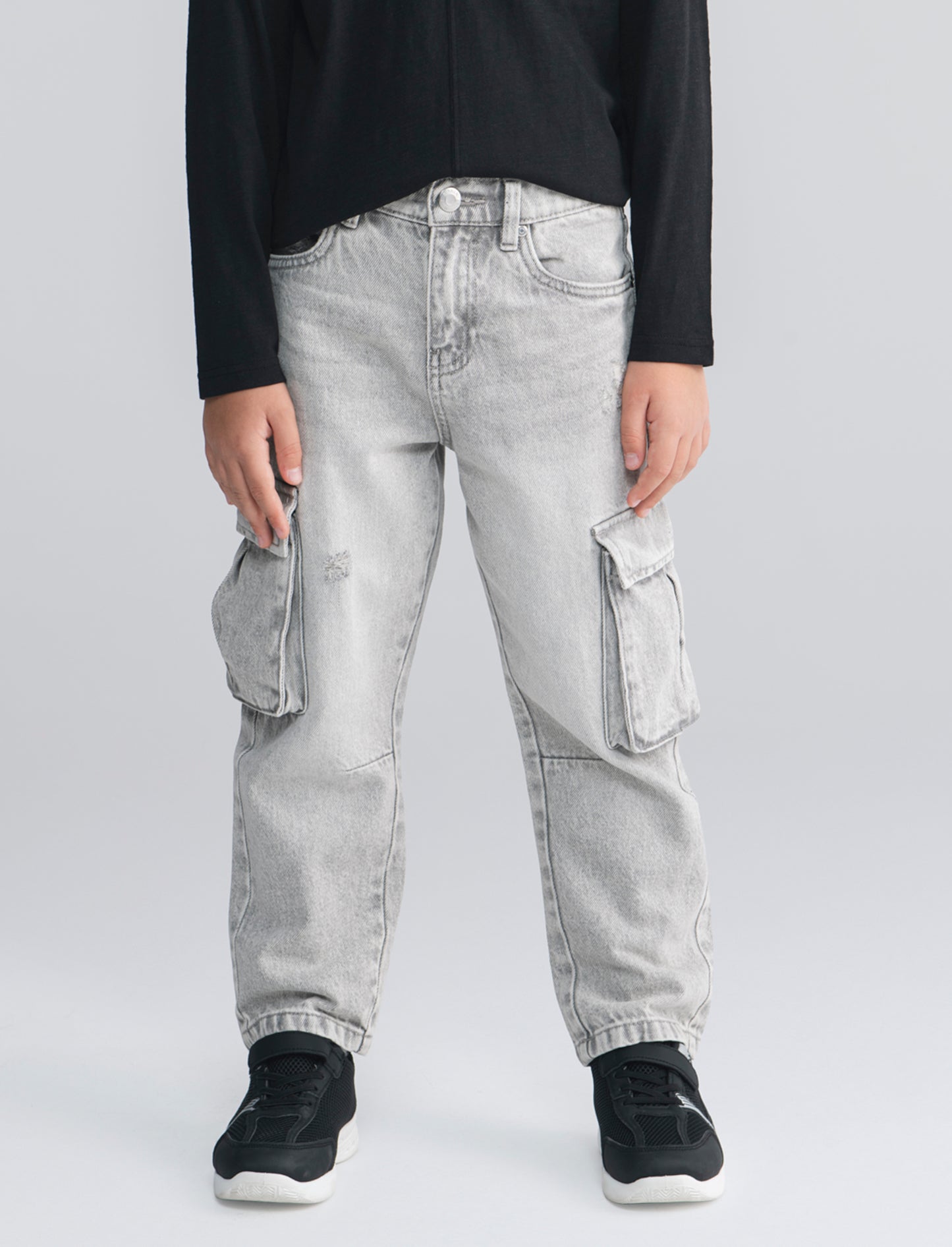 Jeans baggy in cotone con tache e vita elastica - Grigio