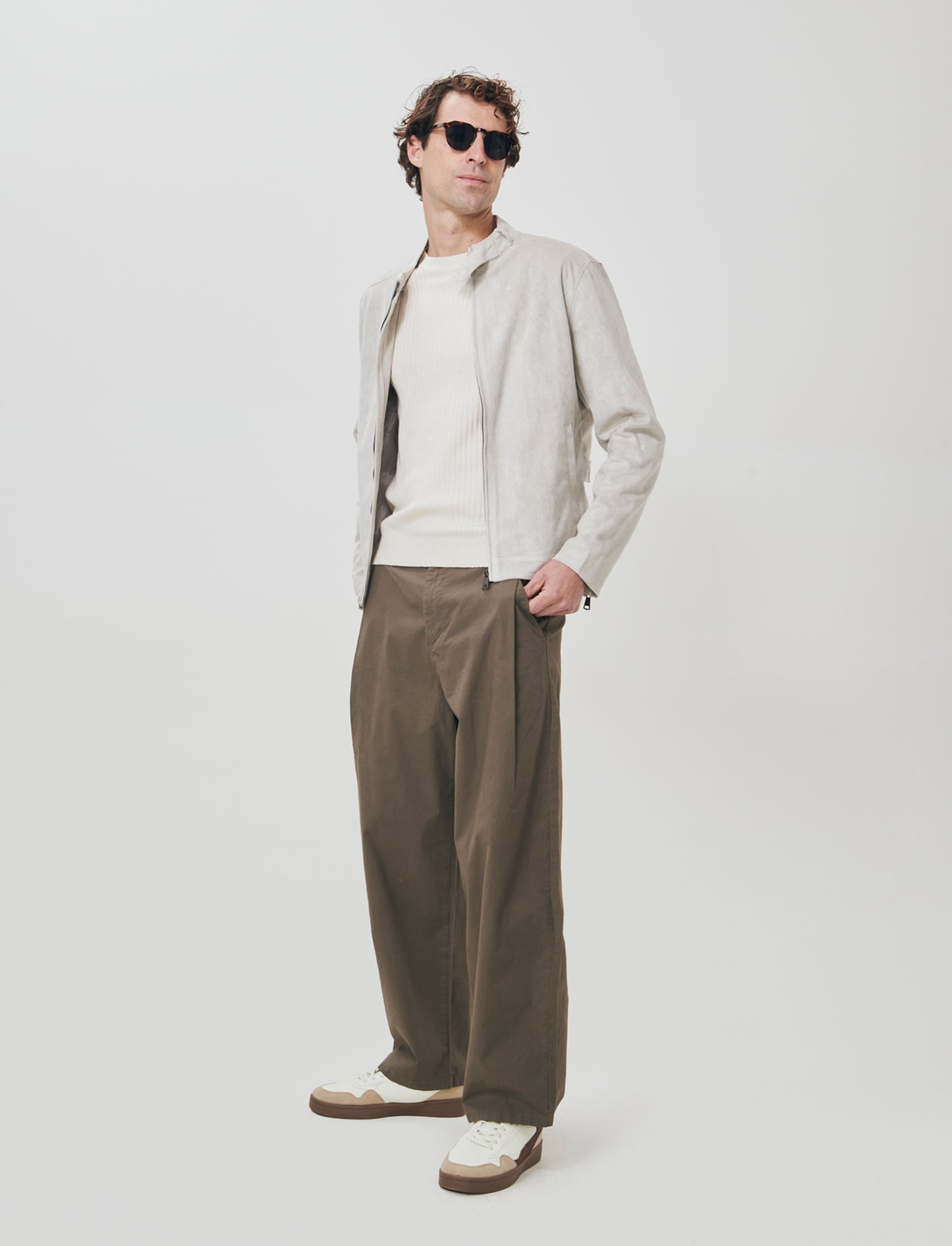Suede Jacket with Korean Collar - Beige