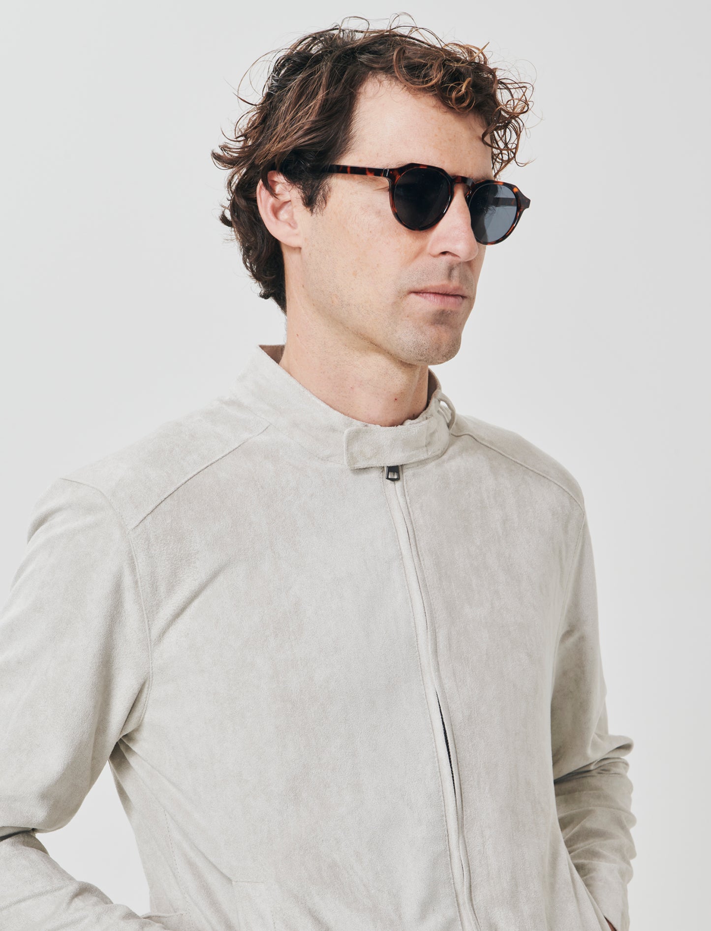 Suede Jacket with Korean Collar - Beige