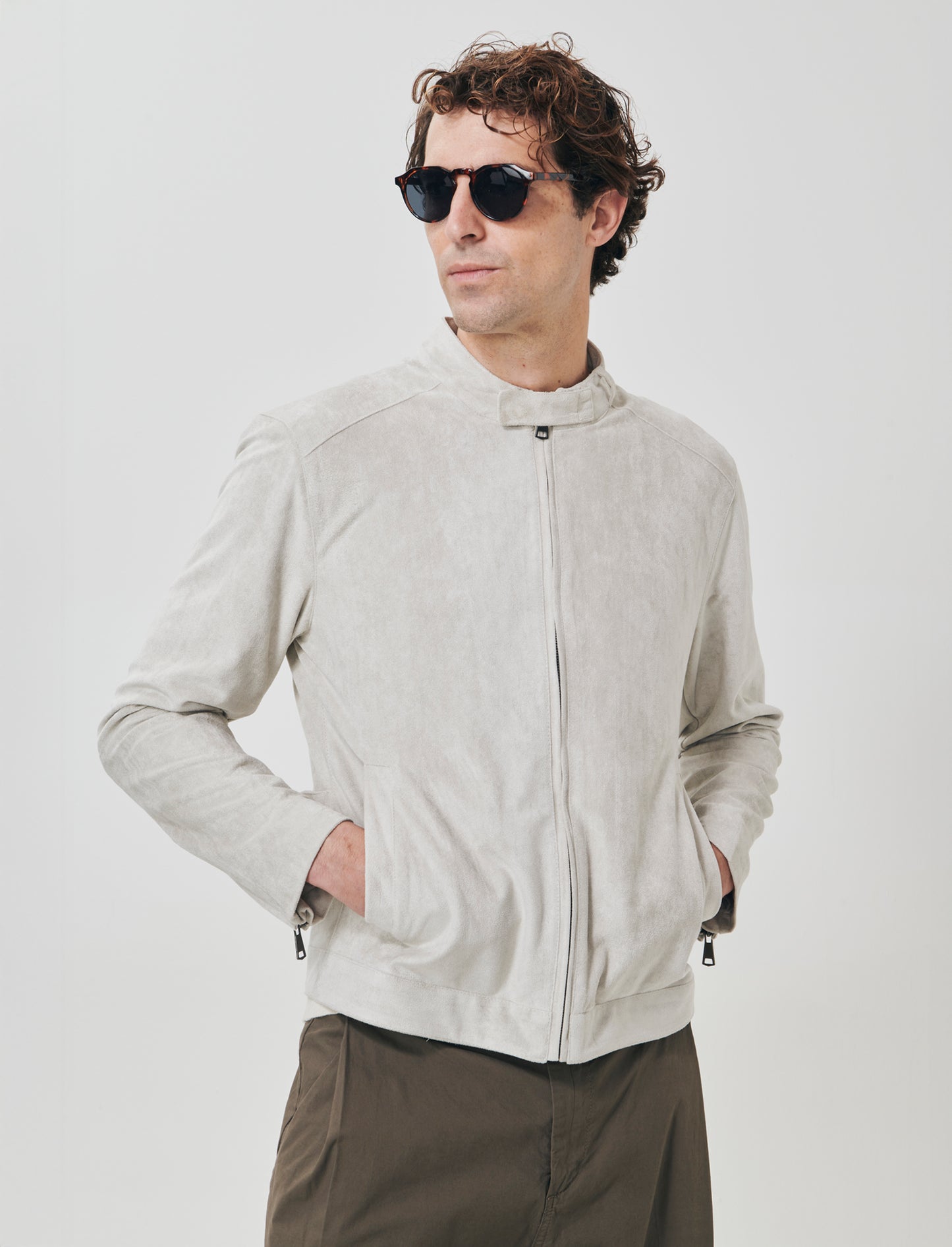 Suede Jacket with Korean Collar - Beige