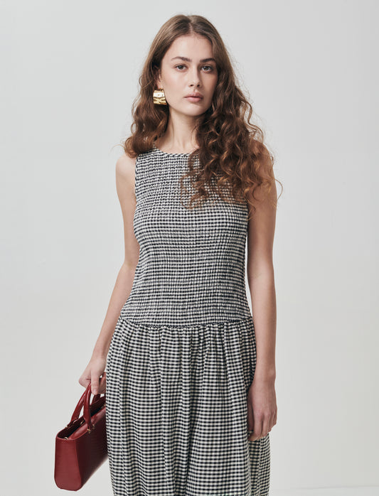 Vestito Smanicato in Stampa Vichy - Nero