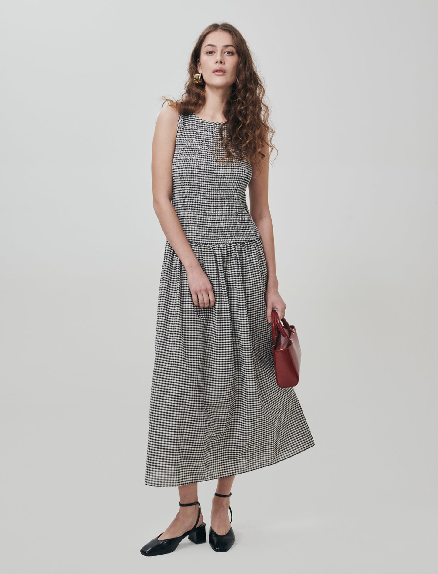 Vestito Smanicato in Stampa Vichy - Nero