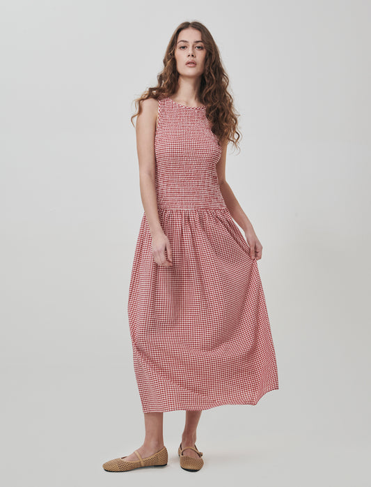 Vestito Smanicato in Stampa Vichy - Rosso