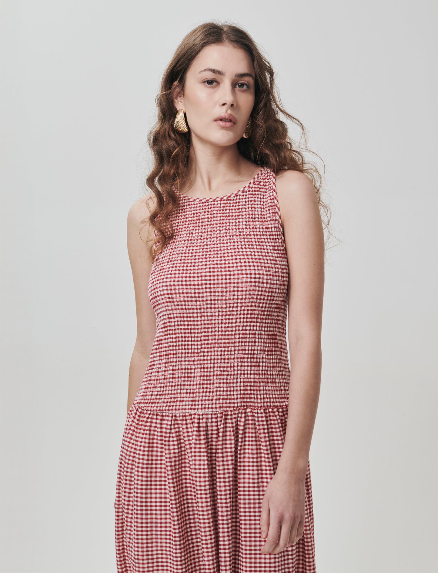 Vestito Smanicato in Stampa Vichy - Rosso