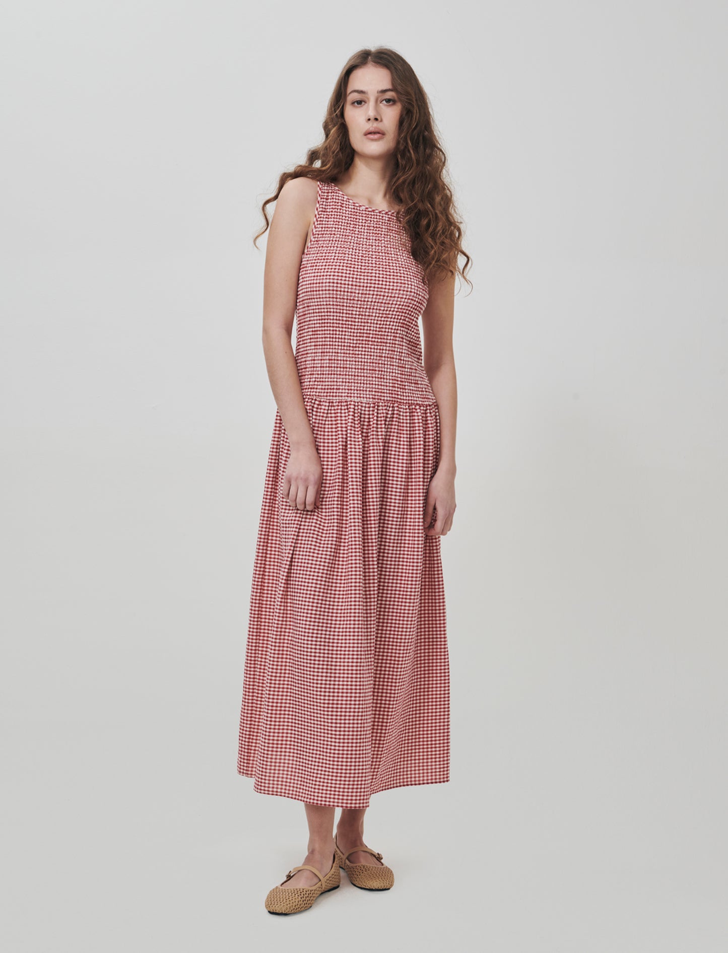 Vestito Smanicato in Stampa Vichy - Rosso