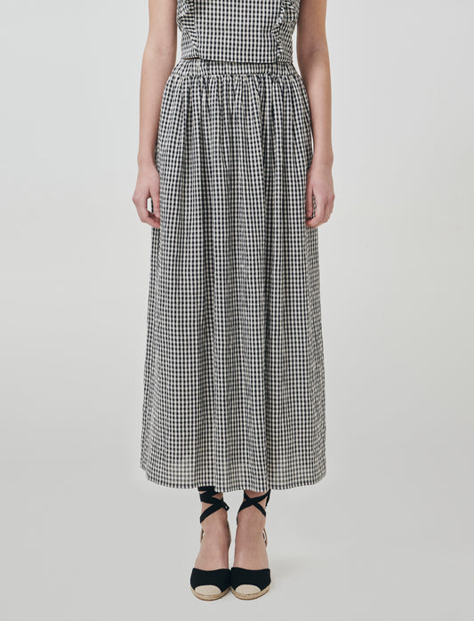 Introducing the Vichy-printed long skirt, a stylish and versatile addition to any woman's wardrobe. - Black