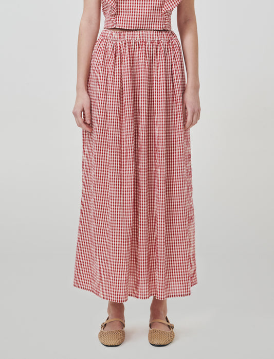 Introducing the Vichy-printed long skirt, a stylish and versatile addition to any woman's wardrobe. - Red