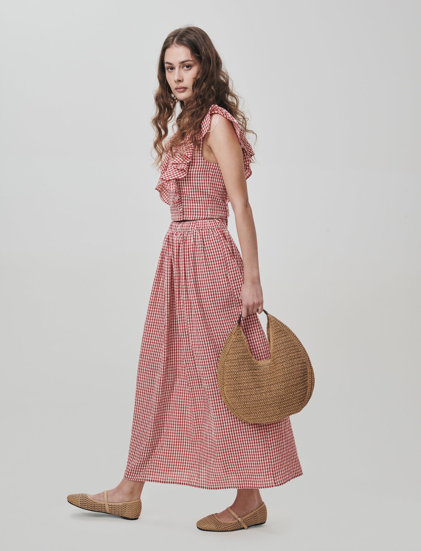 Gonna lunga in stampa Vichy con tasche - Rosso