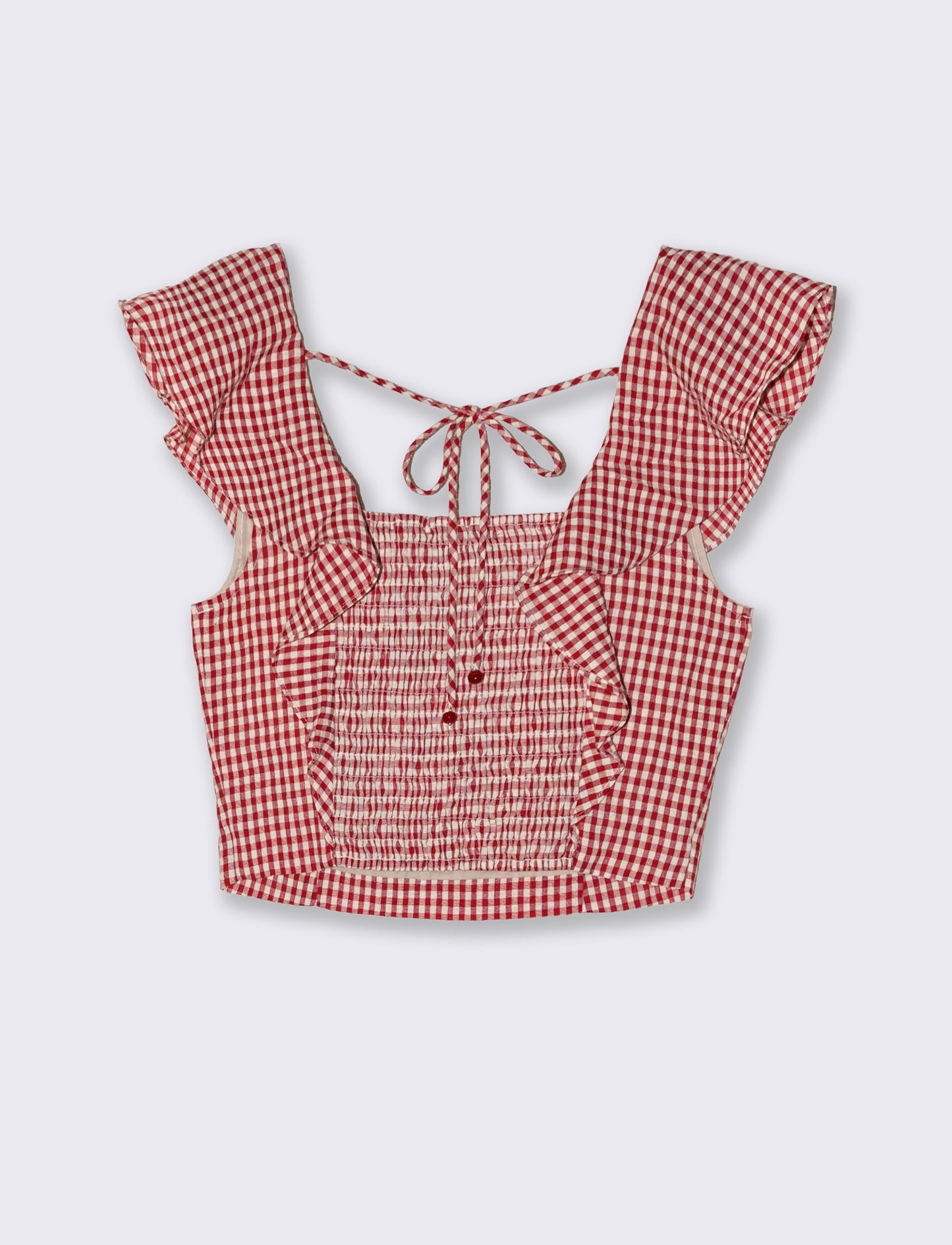 Top corto a quadretti con volant e scollo - Rosso