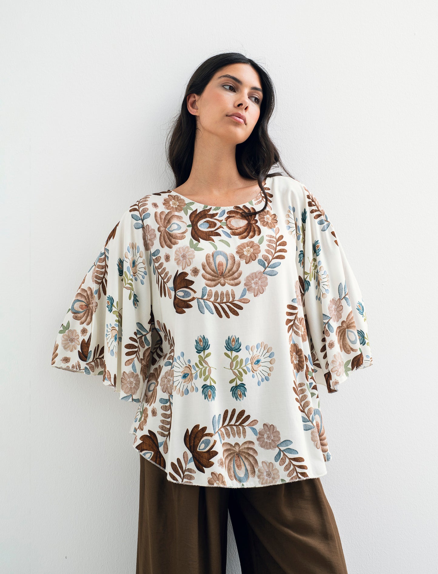 Tshirt in viscosa stampato - Marrone tabacco