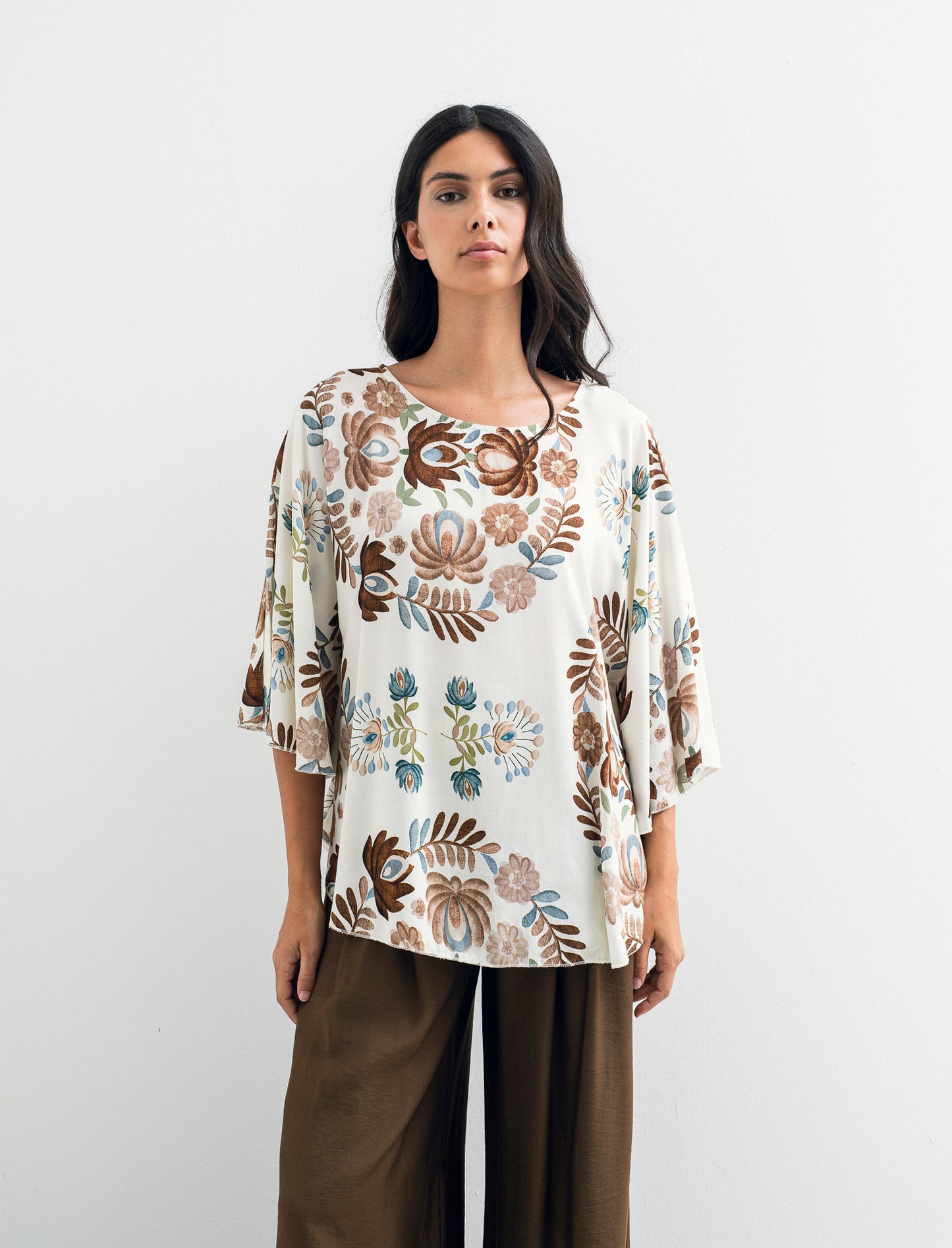 Tshirt in viscosa stampato - Marrone tabacco
