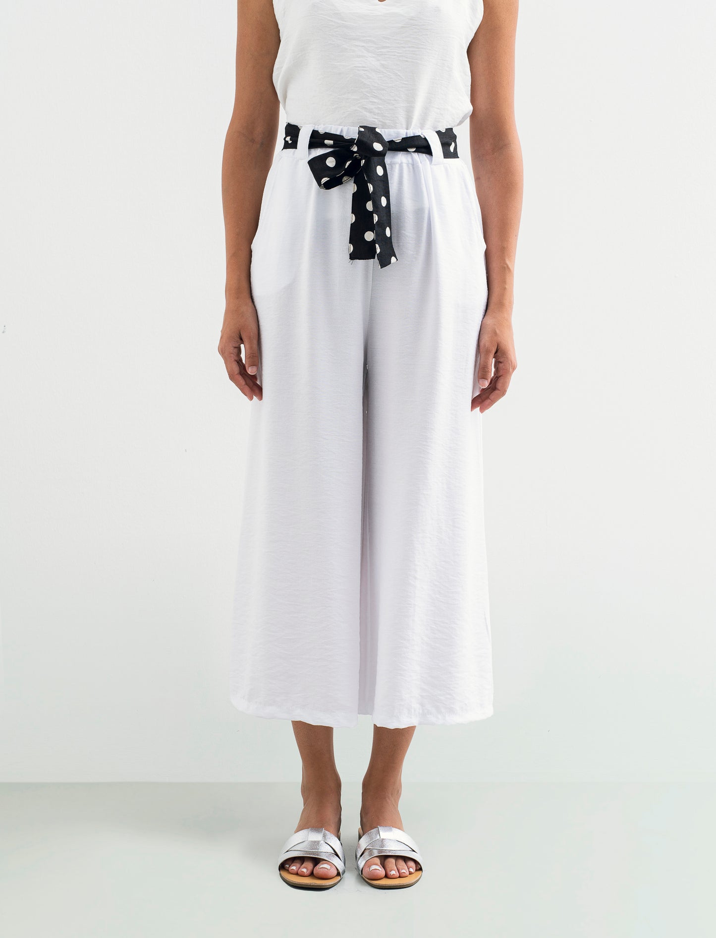 Pantalone largo con cintura stampata - Bianco latte