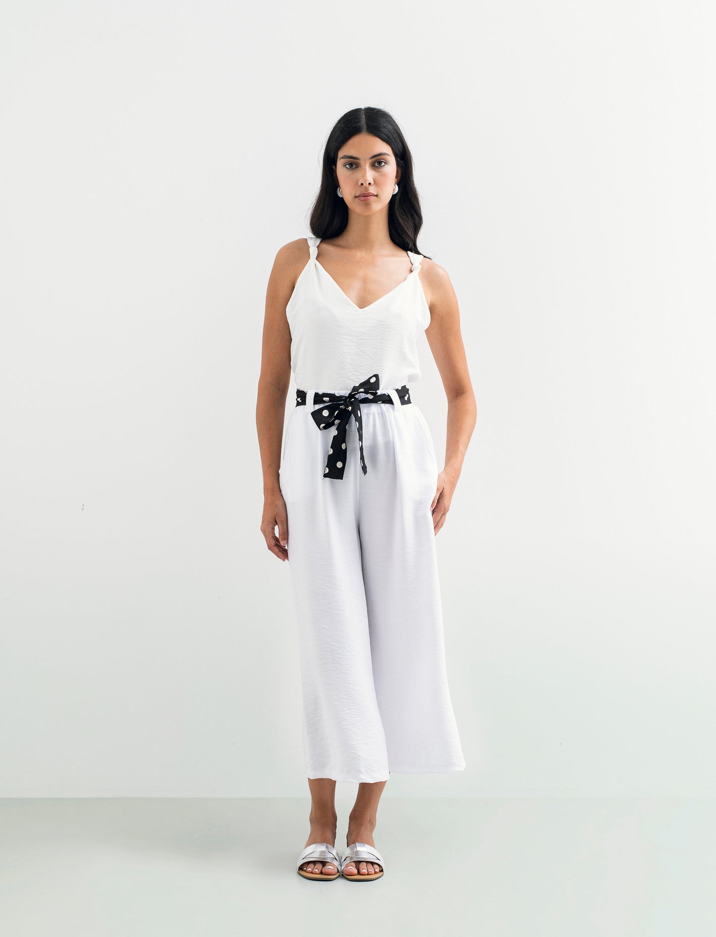 Pantalone largo con cintura stampata - Bianco latte