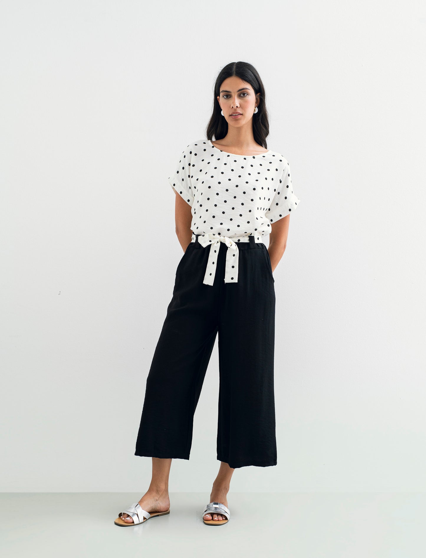 Pantalone largo con cintura stampata - Nero