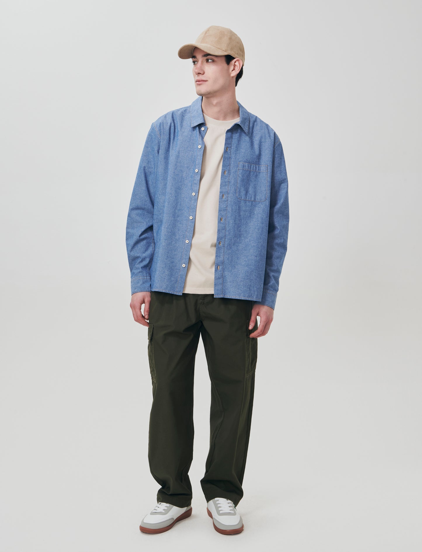Cropped shirt in pure melange cotton - Sky blue