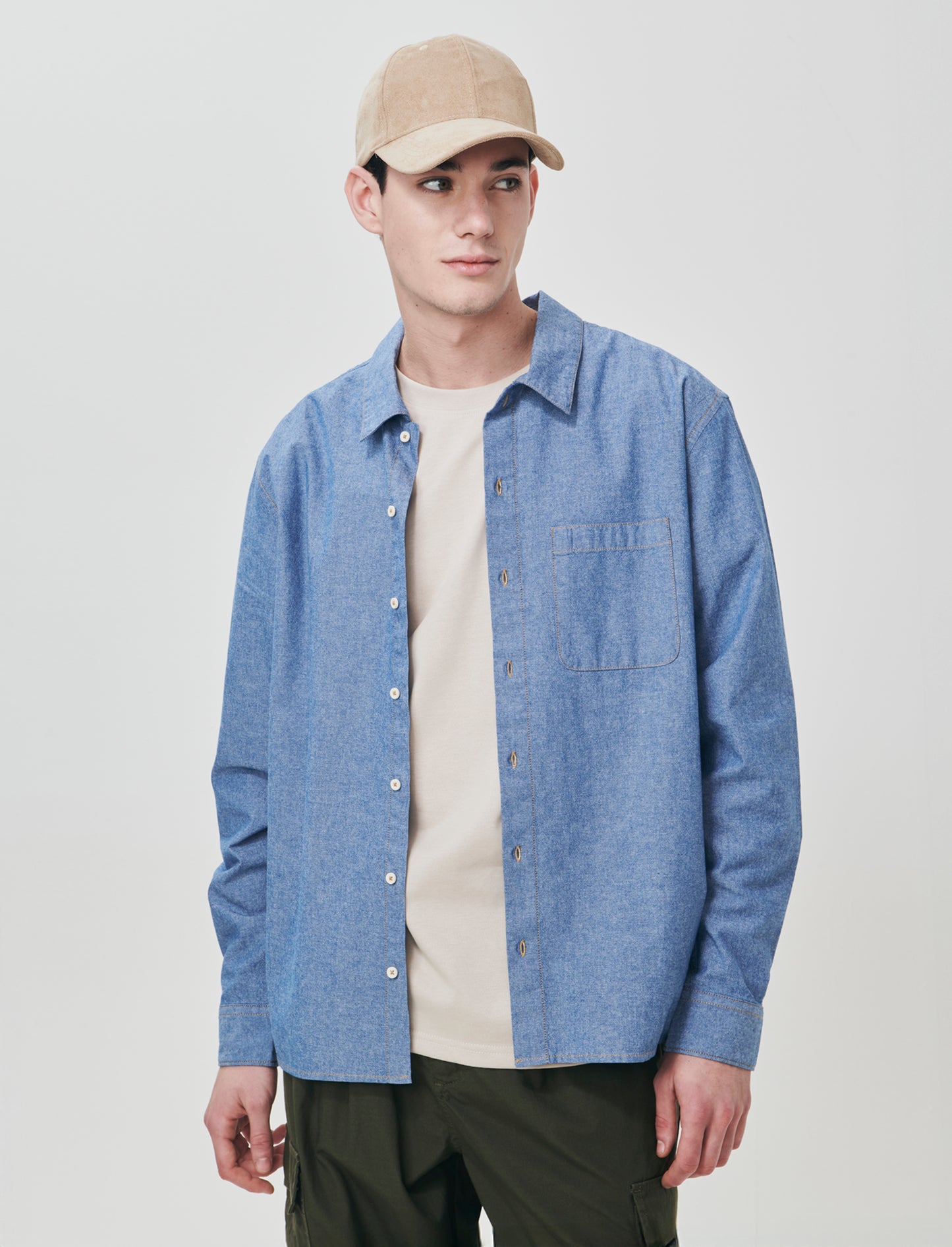 Cropped shirt in pure melange cotton - Sky blue