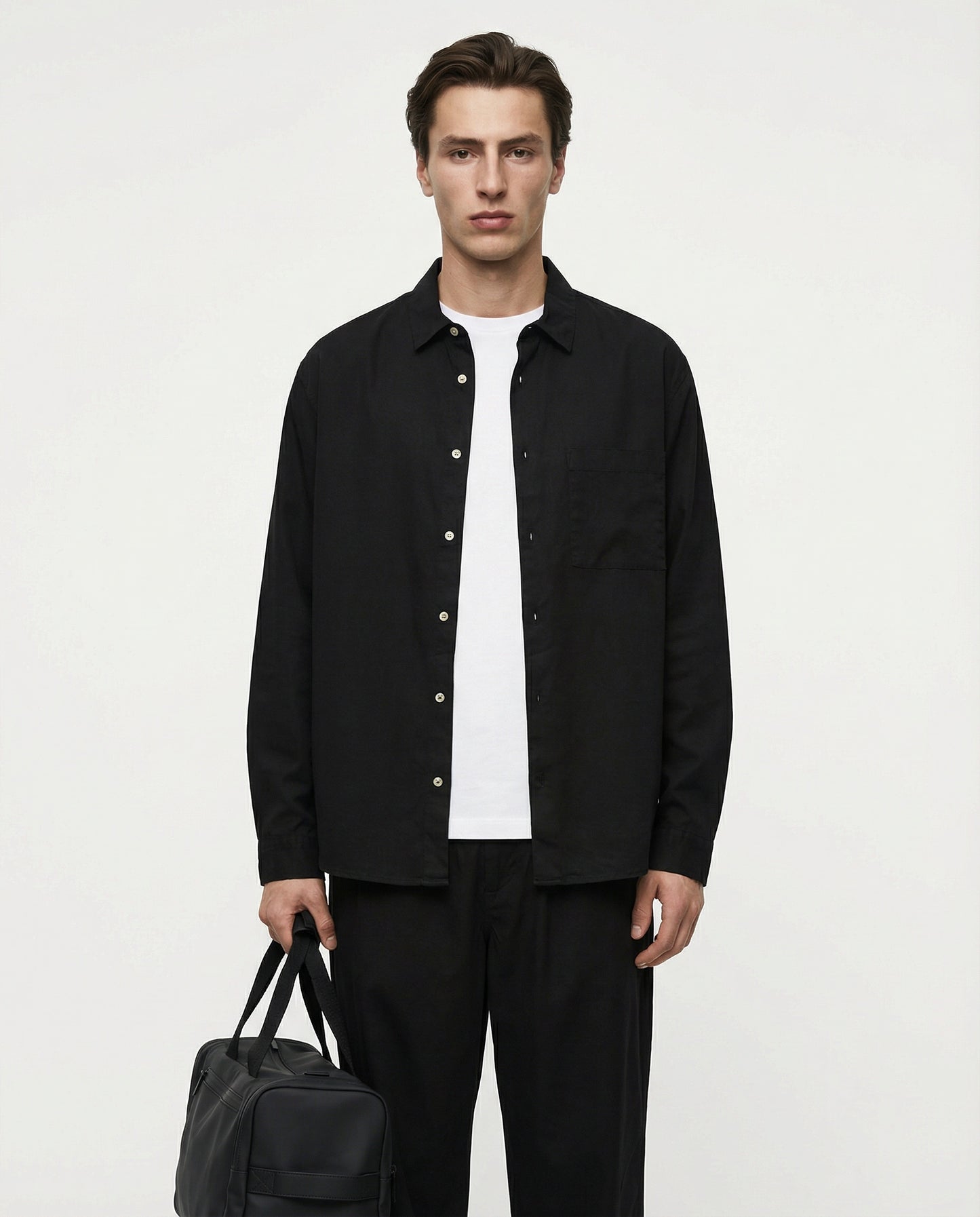 Cropped shirt in lyocell and cotton - Black