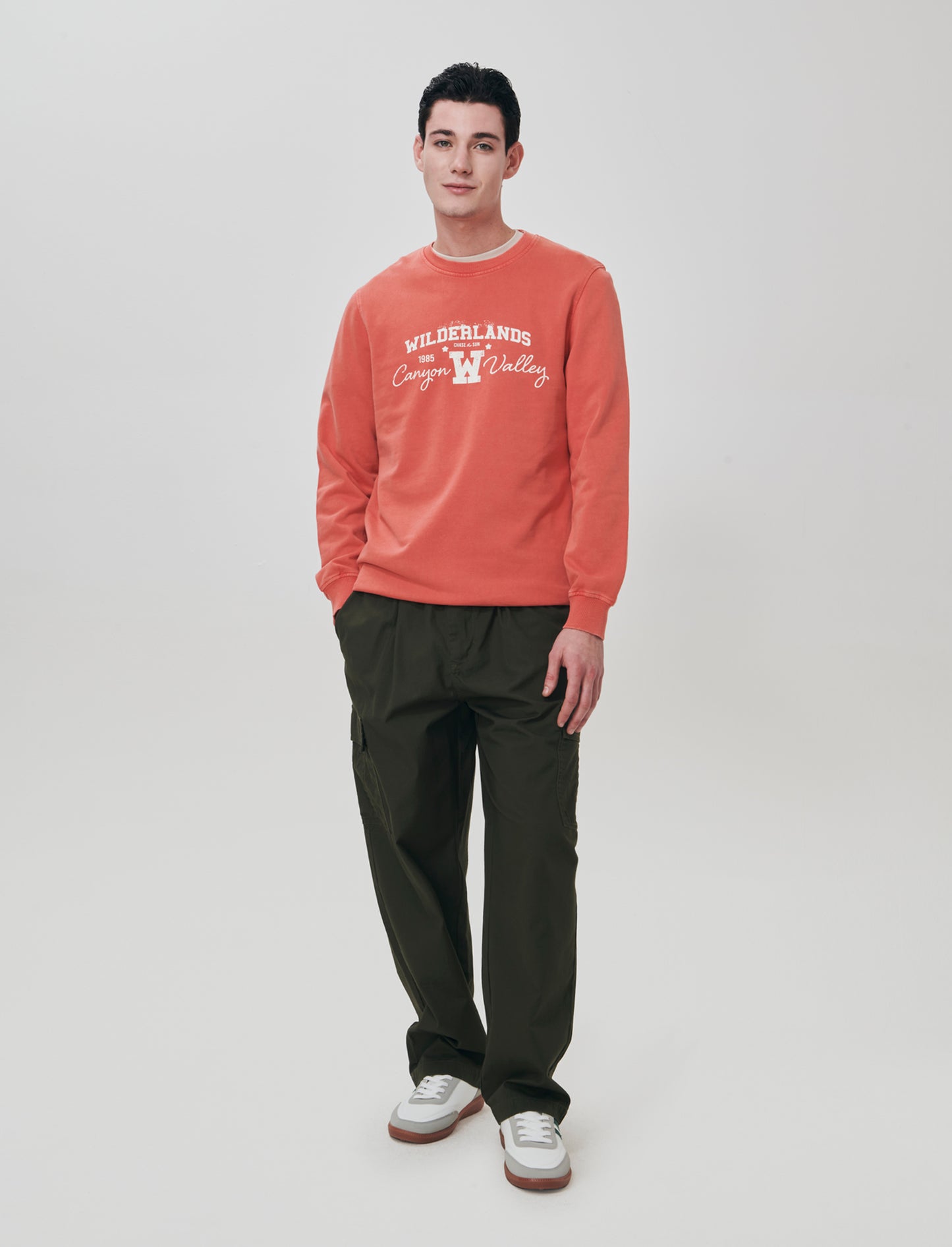 Cotton acid wash sweatshirt with print - Orange
