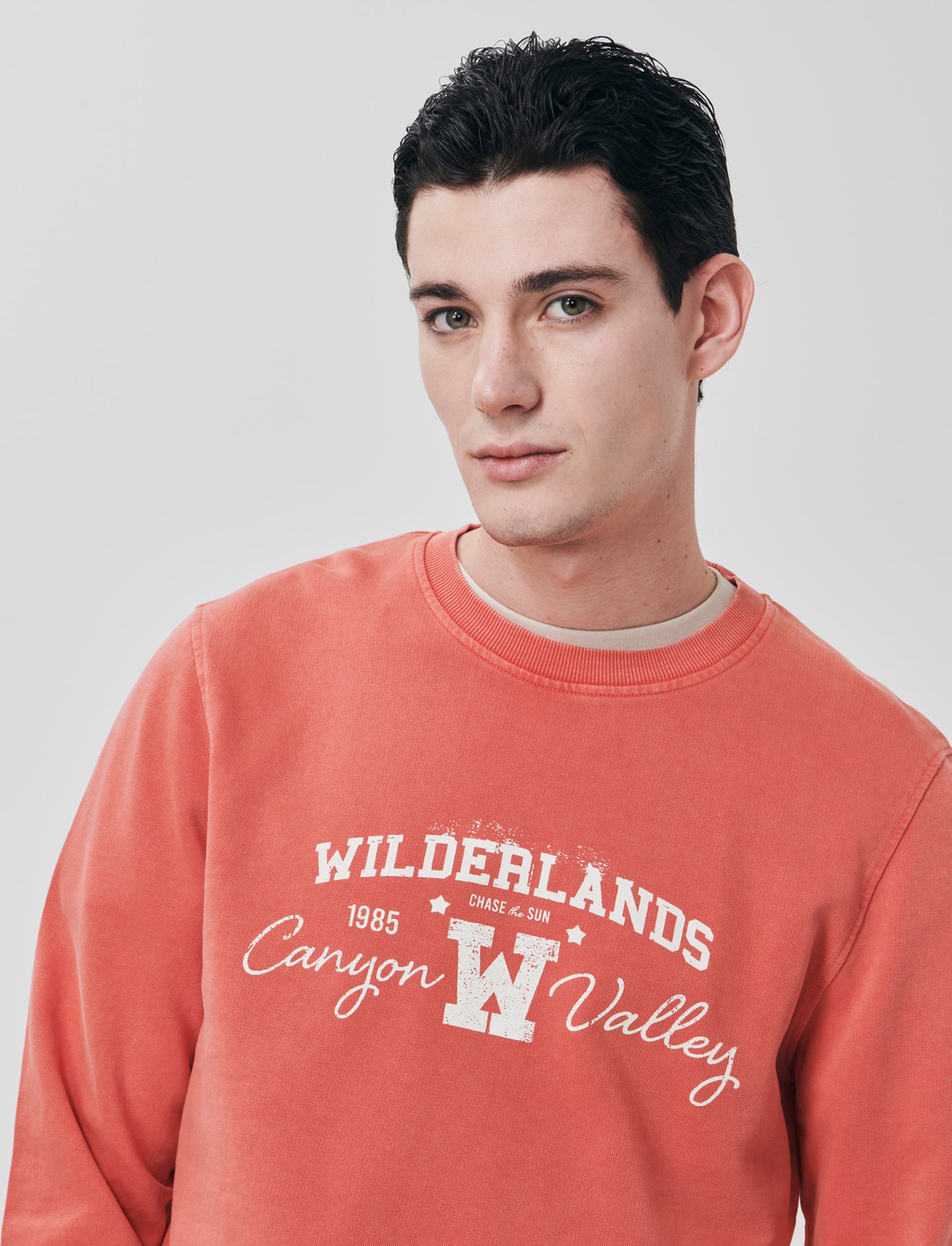 Cotton acid wash sweatshirt with print - Orange