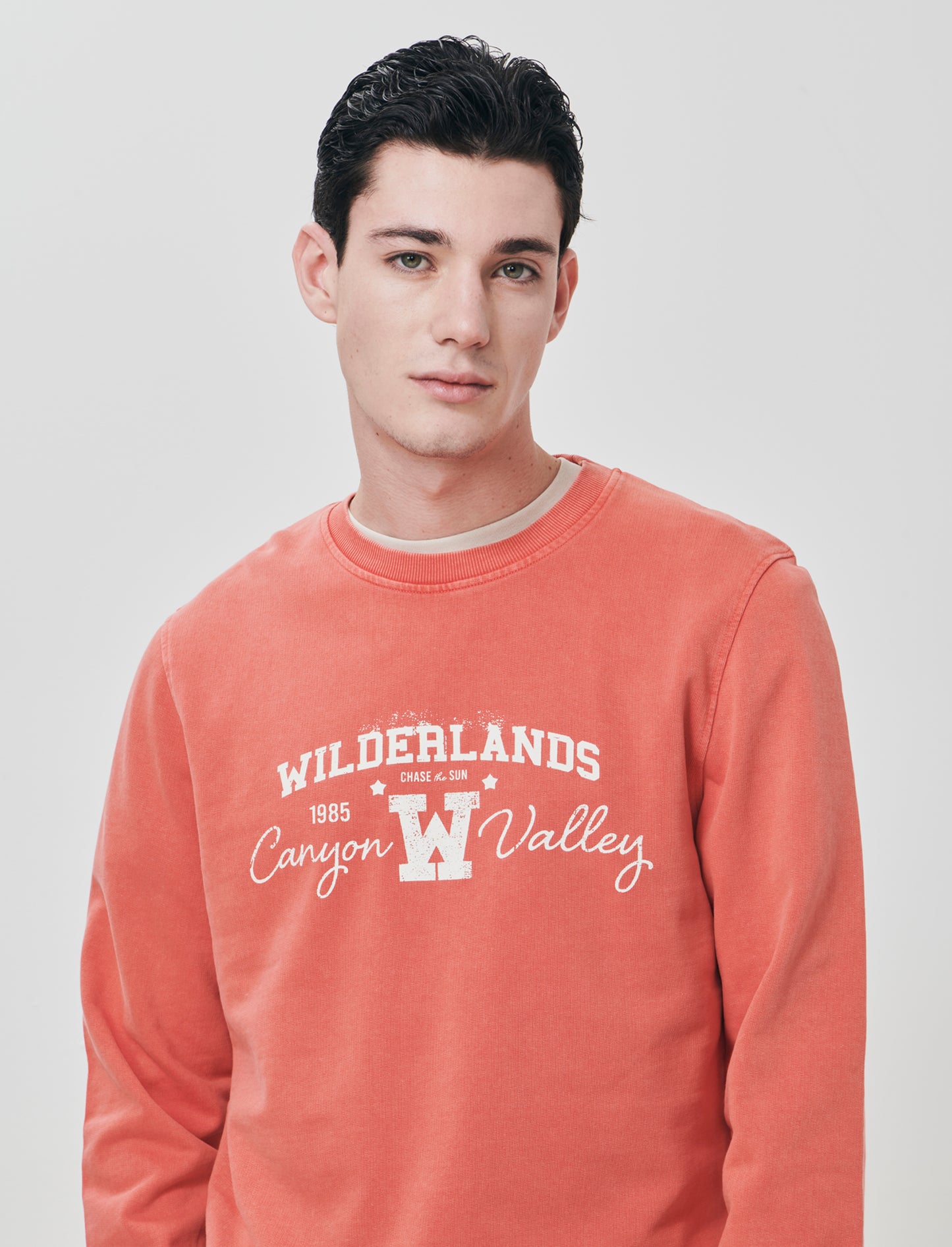 Cotton acid wash sweatshirt with print - Orange