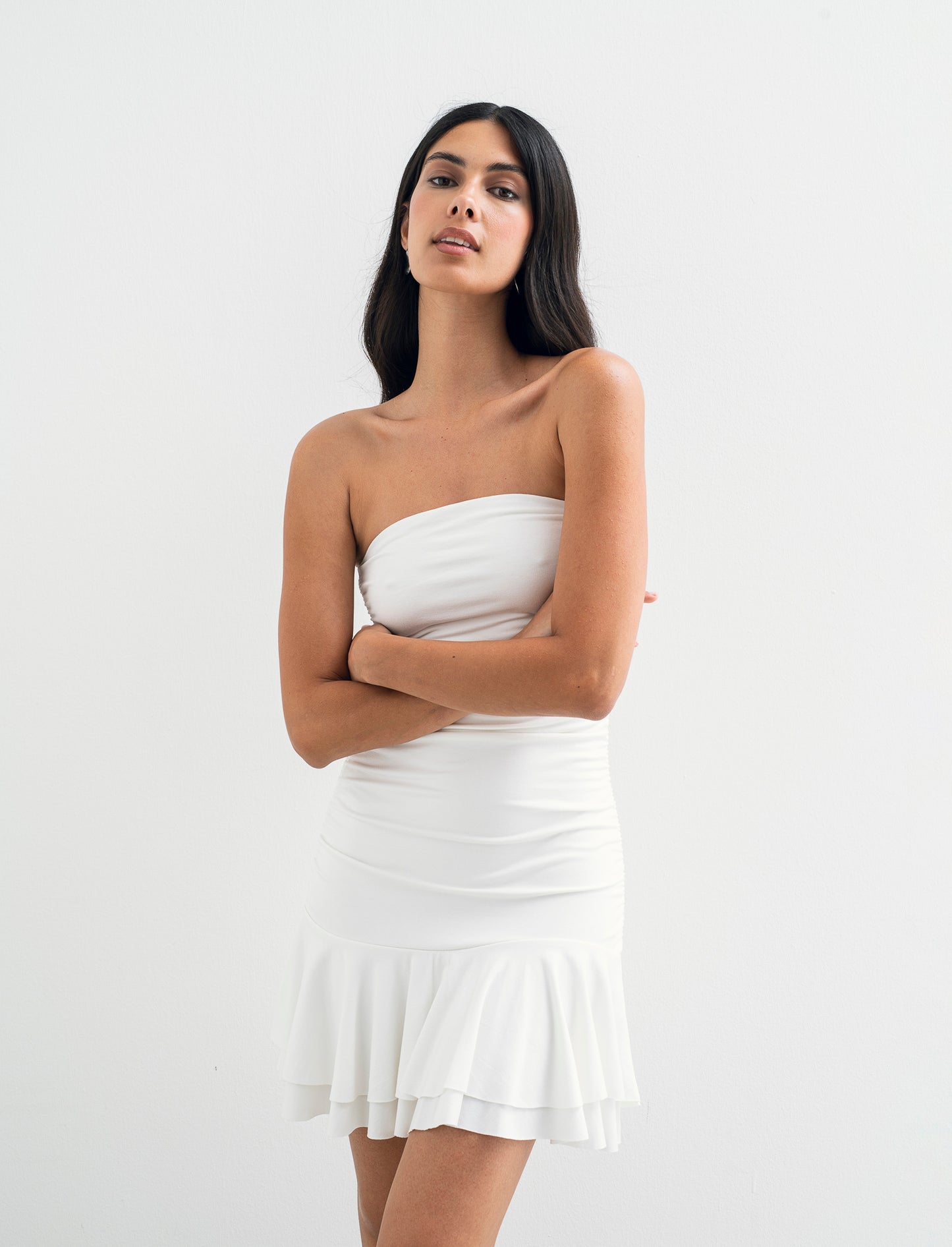 Vestito mini con volant - Bianco latte