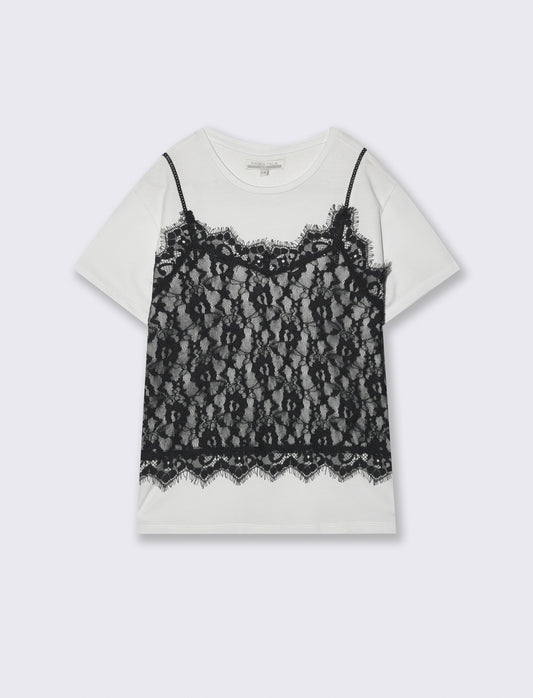 T-shirt mezza manica con pizzo e paillettes - Bianco