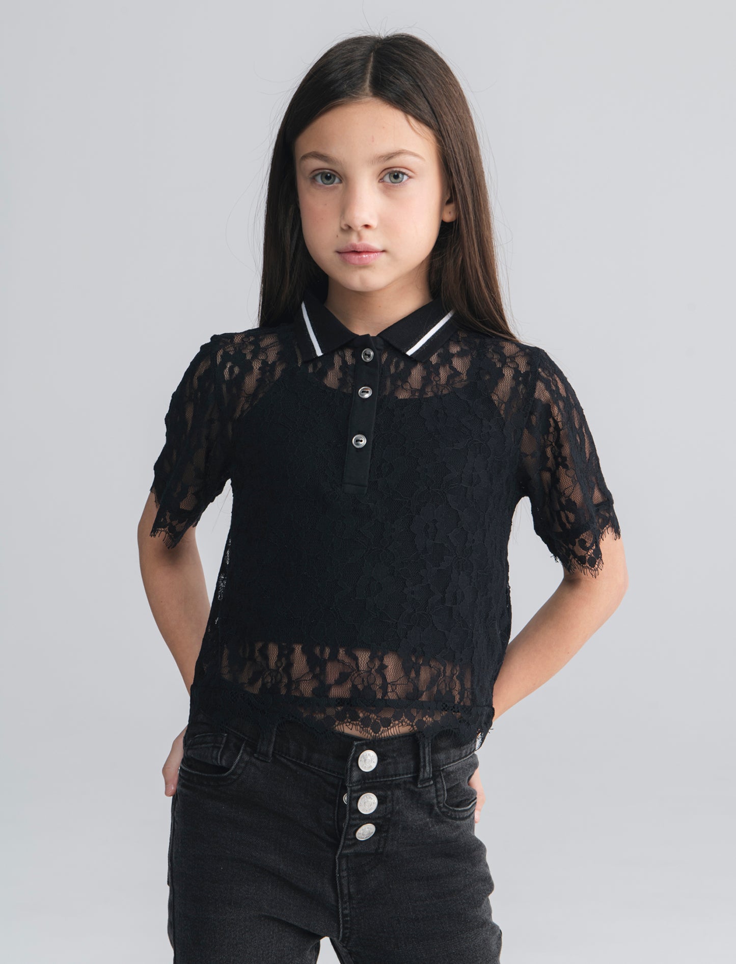 T-shirt polo doppio strato in pizzo - Nero