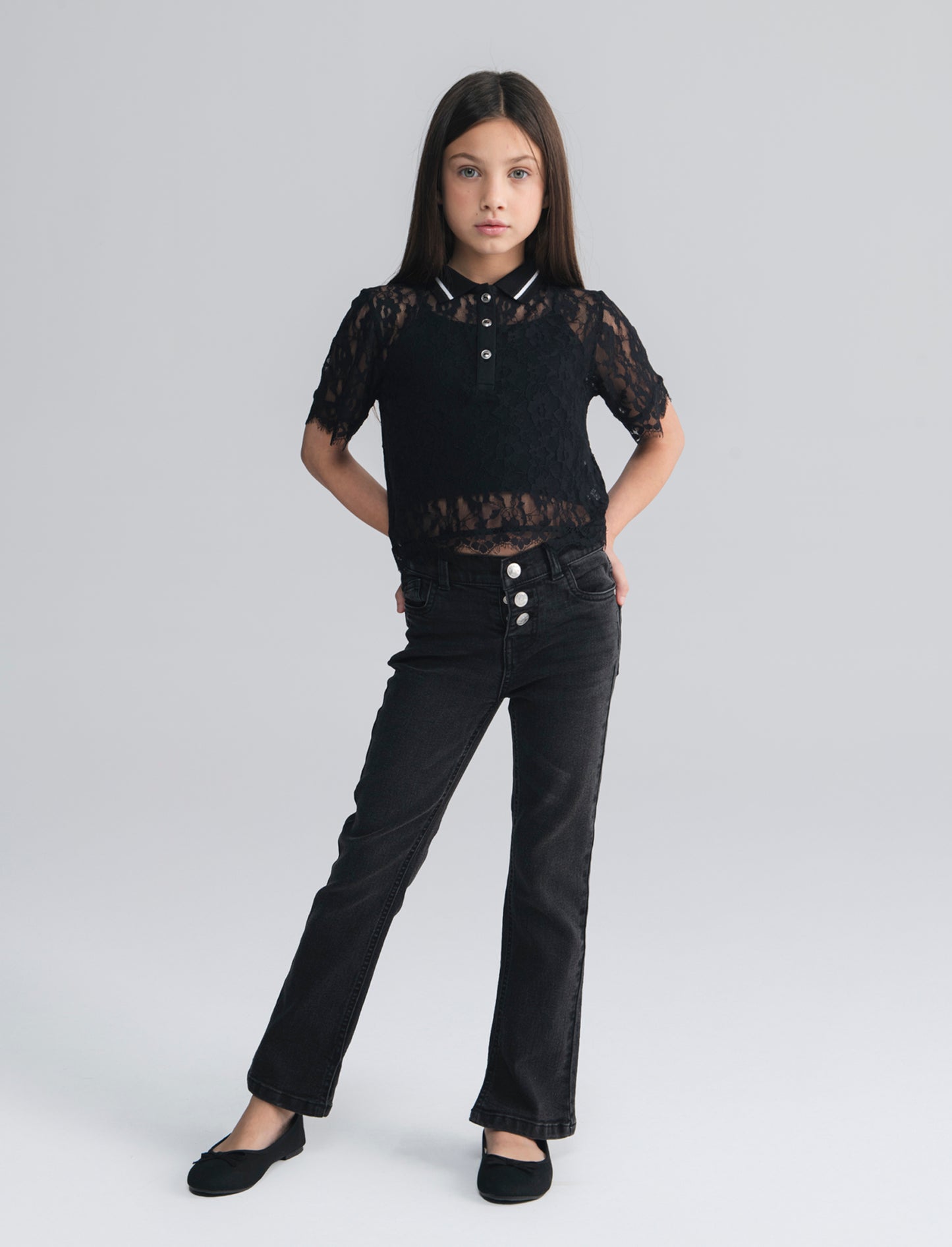 T-shirt polo doppio strato in pizzo - Nero