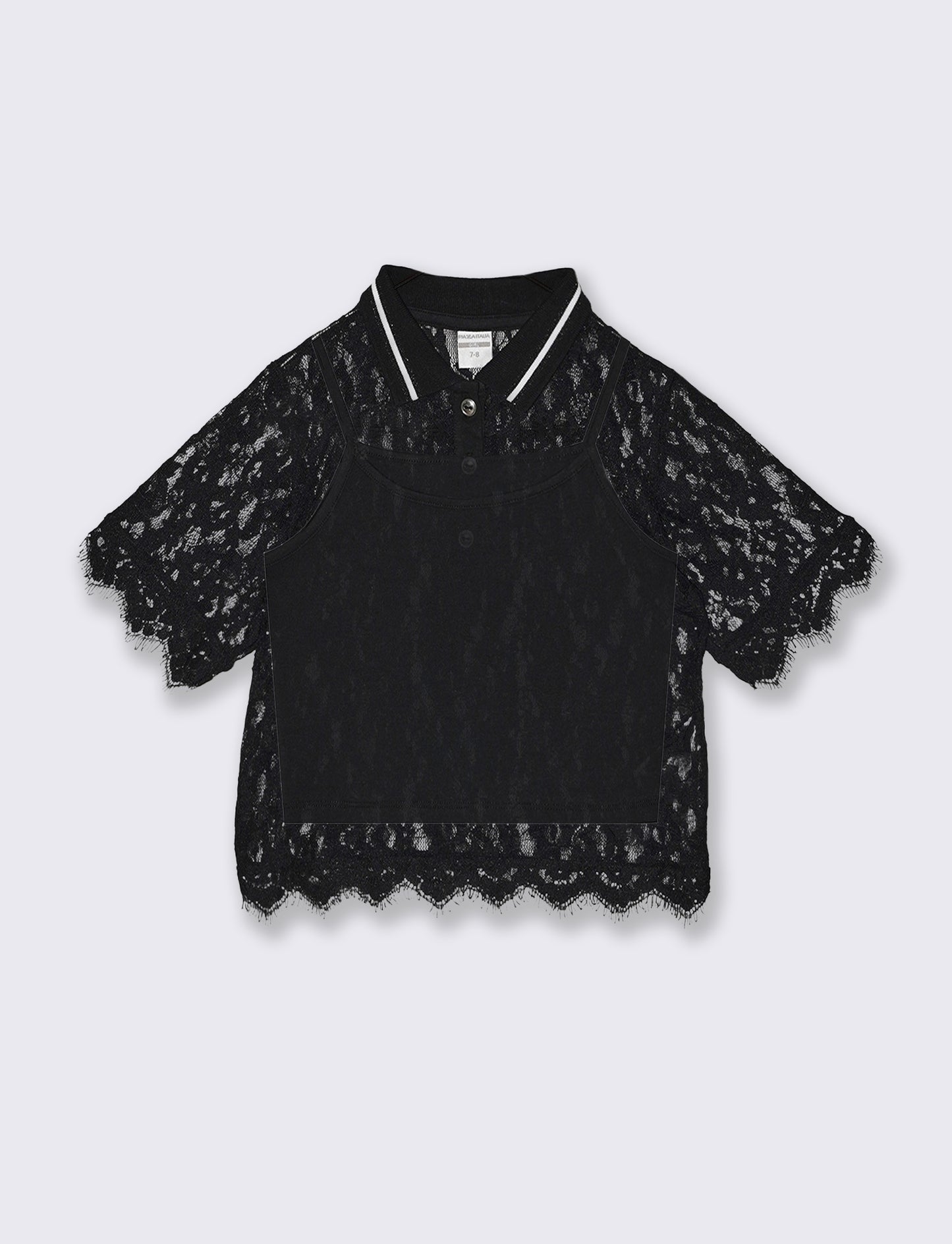 T-shirt polo doppio strato in pizzo - Nero